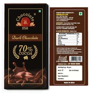Chocolate and Me, 70% Dark Chocolate bar, Rich in Cocoa Butter, 90gms (pack of 2)
